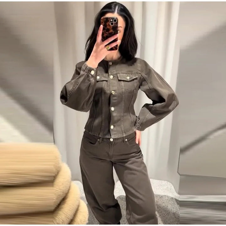 Damen Modische Jeansjacke mit Puffärmeln und Knopfdetails Drune