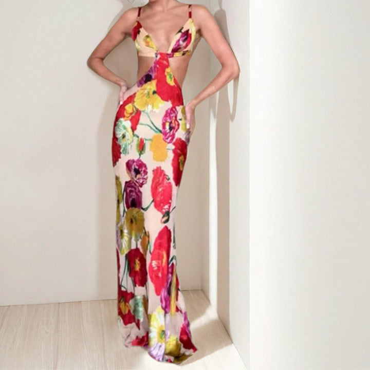 Damen Maxikleid mit raffiniertem Cut-Out-Design und floralen Akzenten Drune