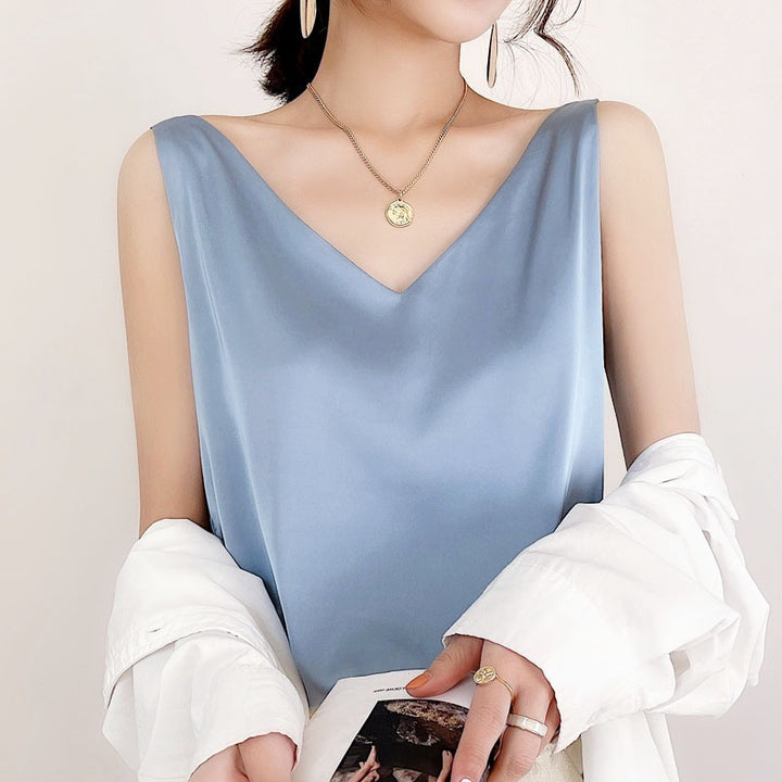 Damen V-Ausschnitt Satinbluse Drune