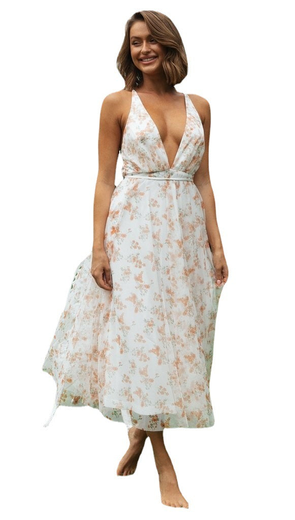 Damen Maxi-Kleid mit tiefem V-Ausschnitt und fließendem Chiffon Drune