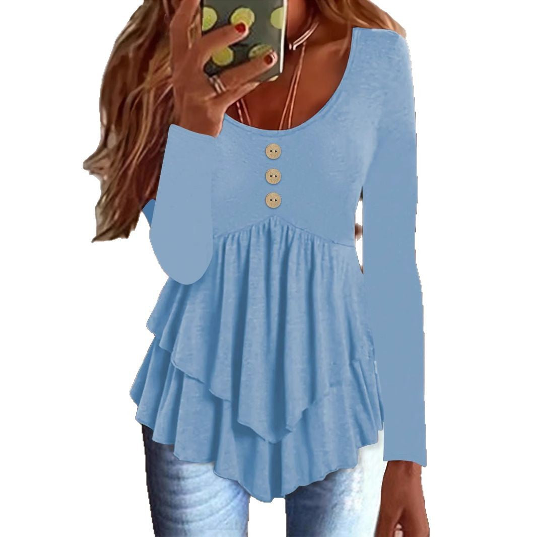 Damen Langarm Blusenshirt mit mehrlagigem Design und dekorativen Knopfdetails Drune