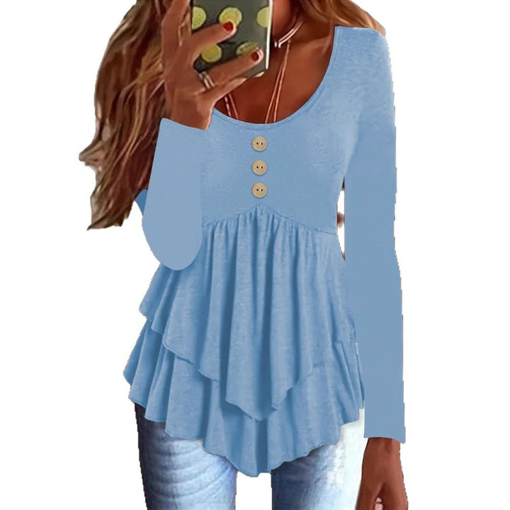 Damen Langarm Blusenshirt mit mehrlagigem Design und dekorativen Knopfdetails Drune
