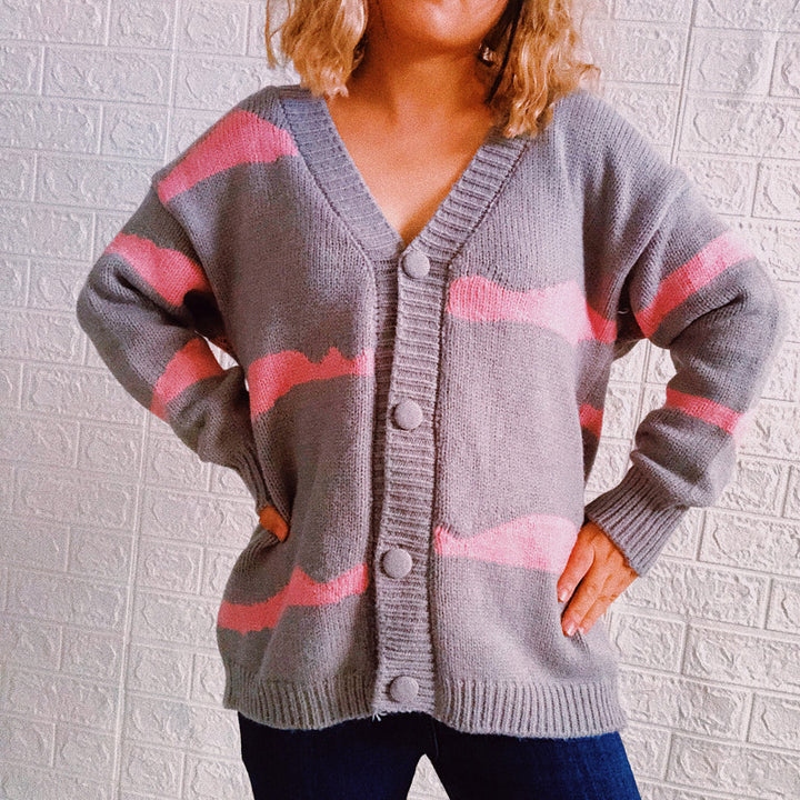 Damen gestreifte Strickjacke mit Knopfverschluss und weitem Schnitt Drune
