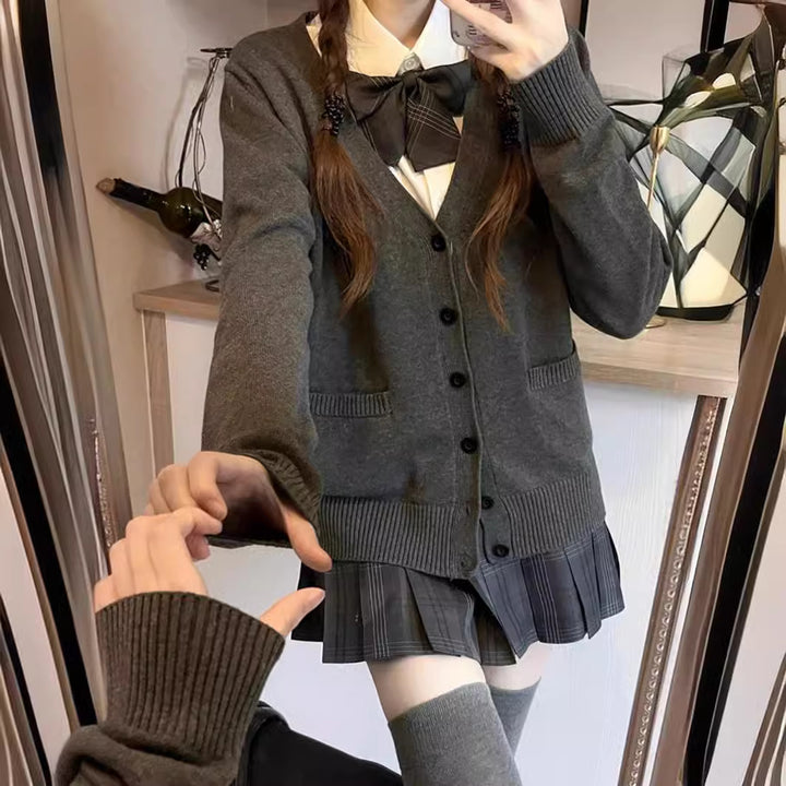 Damen College Strickjacke mit klassischem Kragen und dekorativem Schleifen-Design Drune