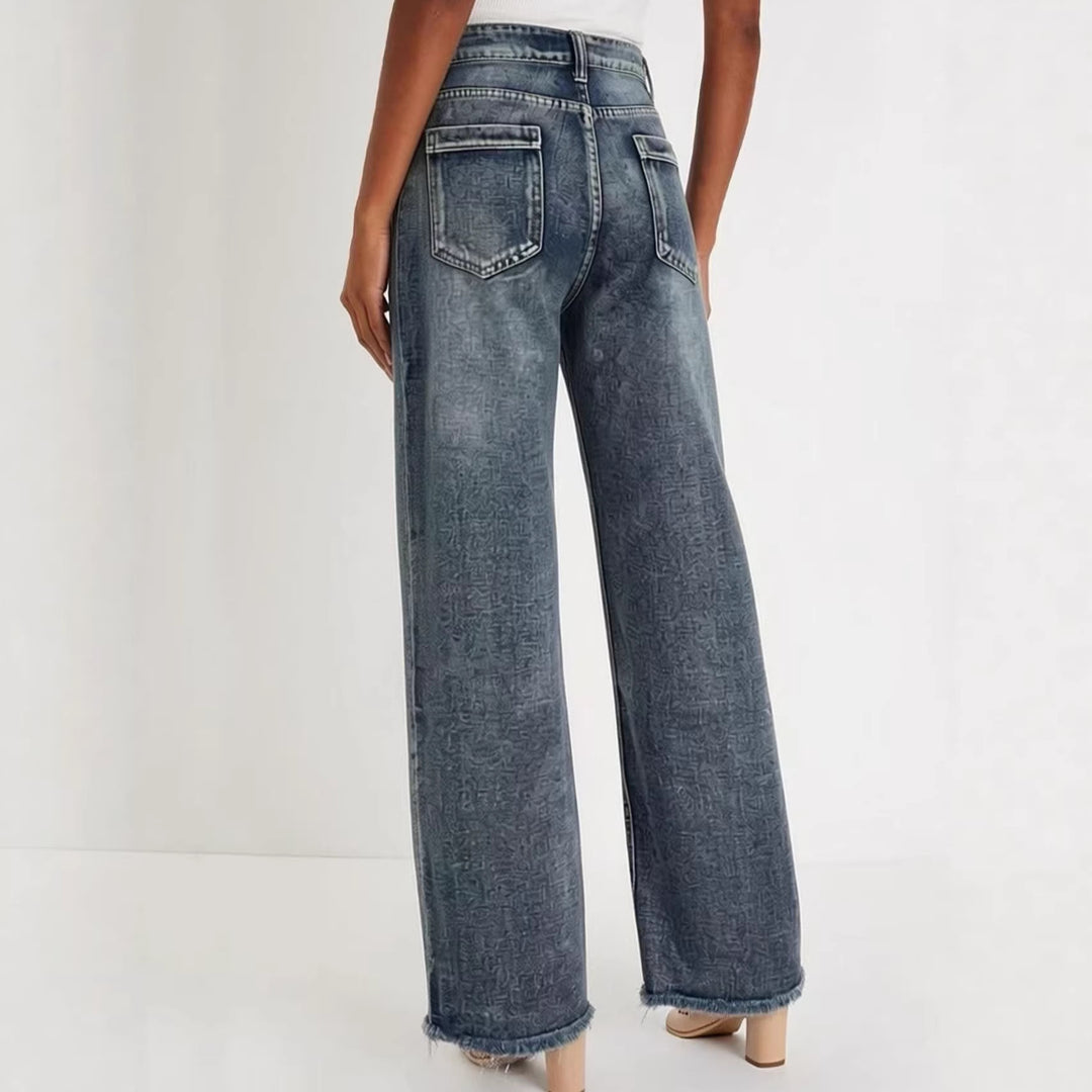 Damen weite Denim-Jeans mit kreativem Muster und fransigem Saum Drune