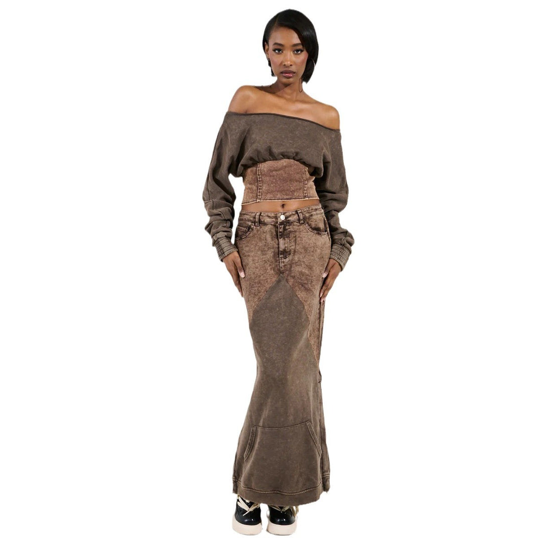 Damen Cropped Sweatshirt mit lässigem Off-Shoulder Design und modischem Bund Drune
