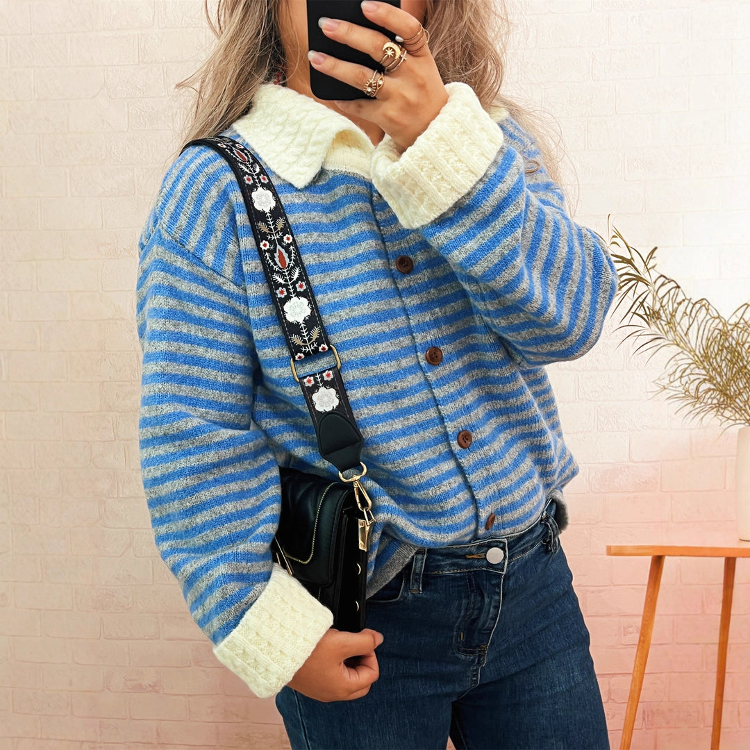Damen lässige Strickjacke mit breitem Kragen und Knopfdetails Drune