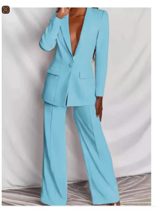 Damen nan taillierter Hosenanzug mit tiefem Revers, Ein-Knopf-Verschluss und Palazzo-Hose Drune