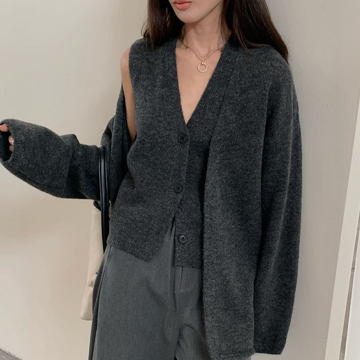 Damen lässiger Strickcardigan mit Knopfverschluss und voluminösen Ärmeln Drune