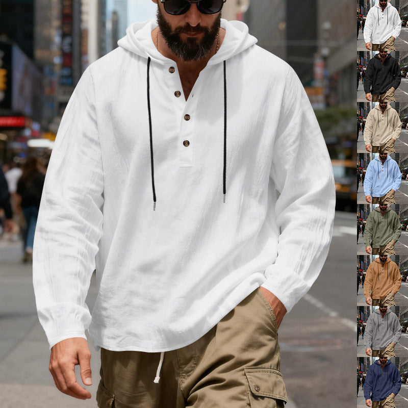 Herren nan legeres Henley-Kapuzenhemd mit Knopfleiste, Kordelzug und gerundetem Saum Drune