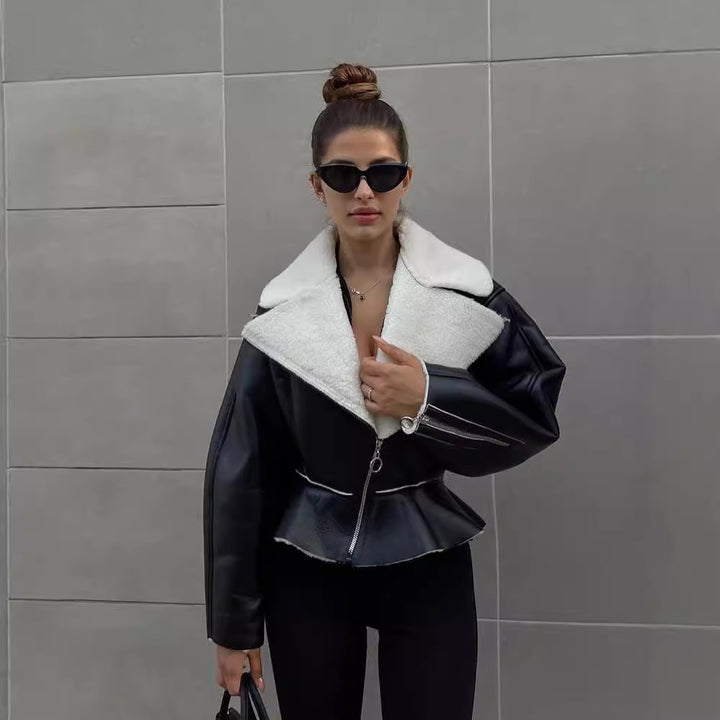 Damen trendige Kurzjacke mit flauschigem Innenfutter und Reißverschluss Drune