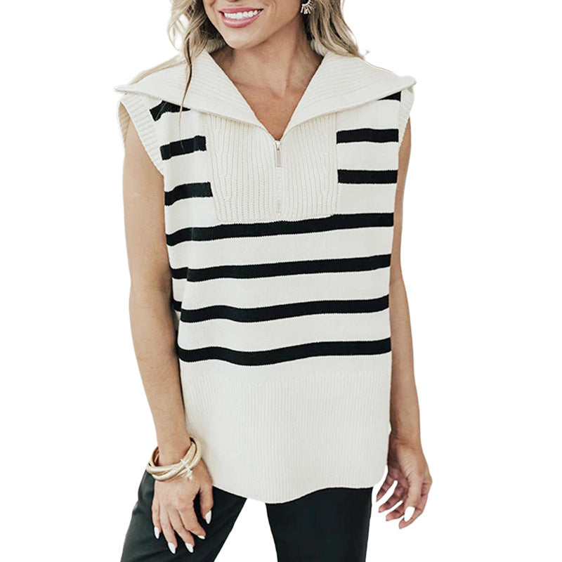 Damen ärmelloses Stricktop mit hochgeschlossenem Reißverschluss und diagonalen Streifen Drune