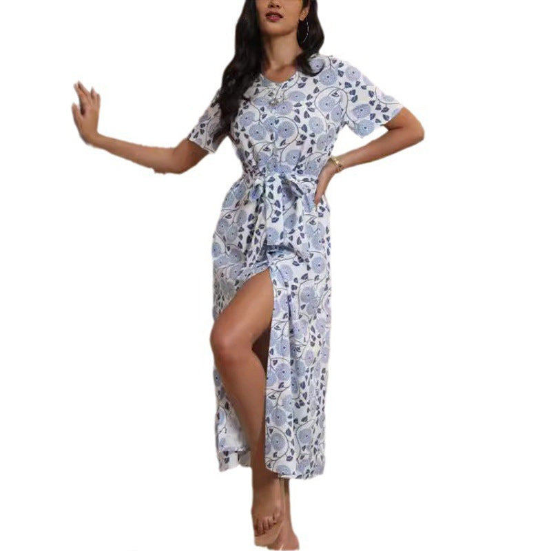 Damen Langarmmaxikleid mit floralem Design und elegantem Bindegürtel Drune