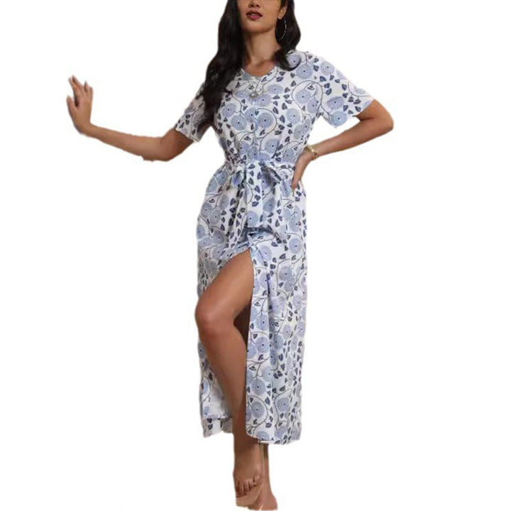 Damen Langarmmaxikleid mit floralem Design und elegantem Bindegürtel Drune