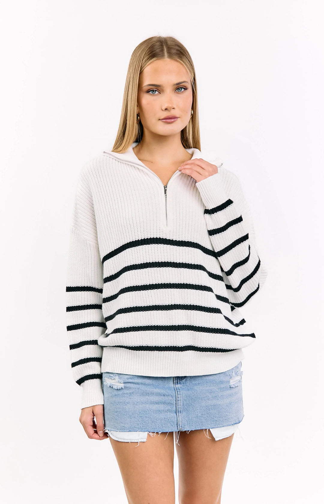 Damen sportlicher Strickpullover mit halbem Reißverschluss und Streifenmuster Drune