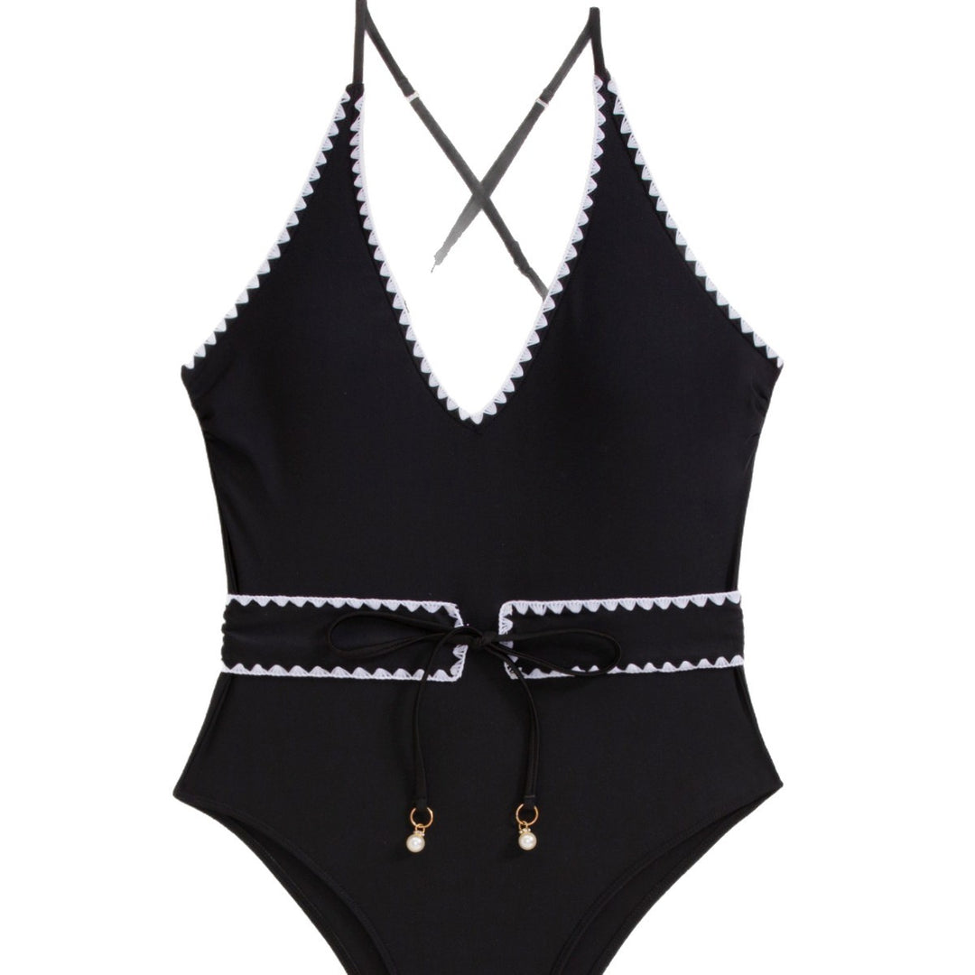 Damen Eleganter und modischer Badeanzug mit tiefem V-Ausschnitt und Gürteldetail Drune