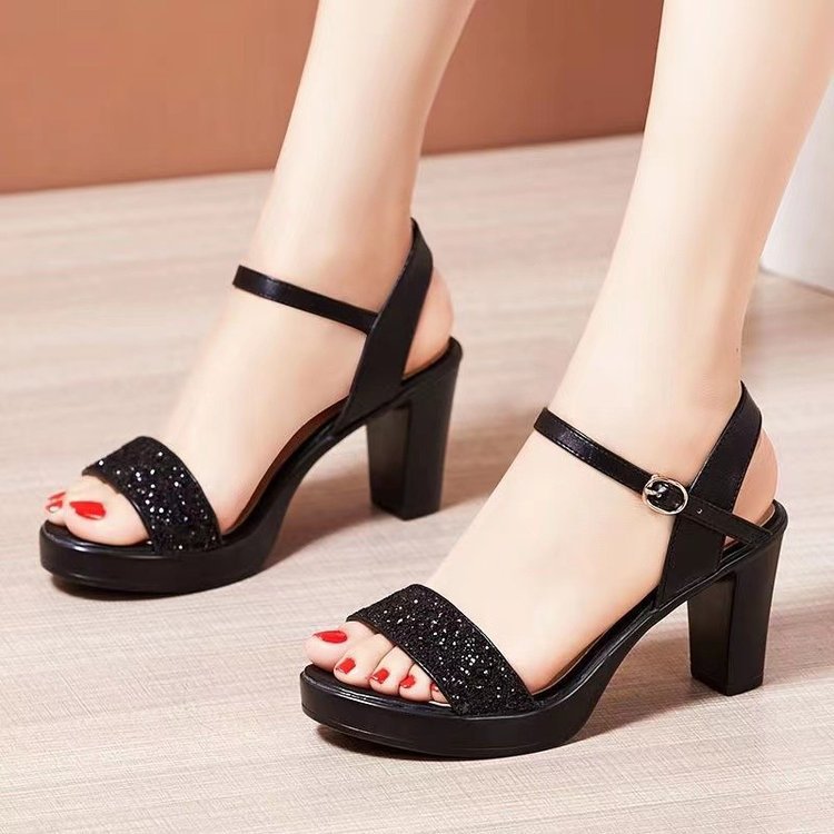 Damen nan Glitzer-Zehenschlaufen-Sandalette mit Plateaueffekt und stabilem Blockabsatz Drune