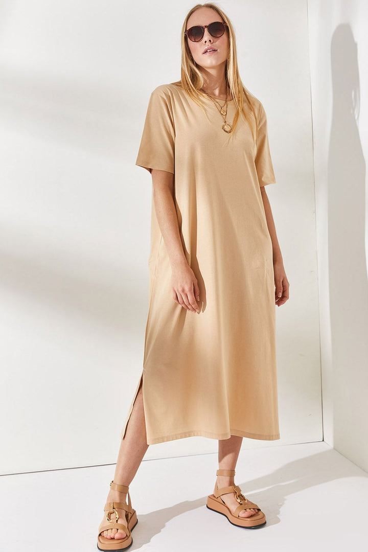 Damen schlichtes langärmliges Kleid mit seitlichen Schlitzen und komfortablem Schnitt Drune
