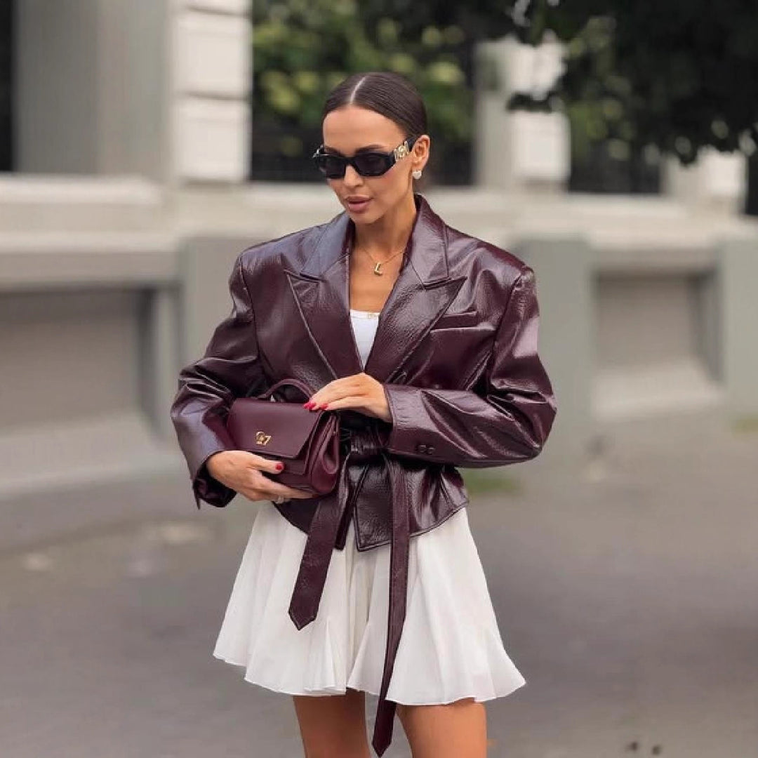 Damen Kunstlederblazer mit taillierbarem Gürtel Drune