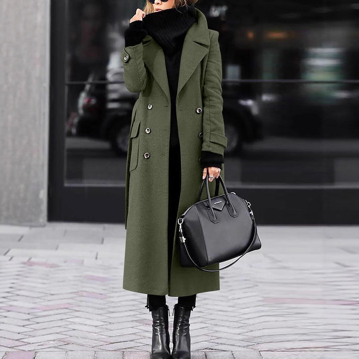 Damen nan eleganter Maxi-Wollmixmantel mit doppelreihiger Knopfleiste, weitem Reverskragen und aufgesetzten Taschenklappen Drune