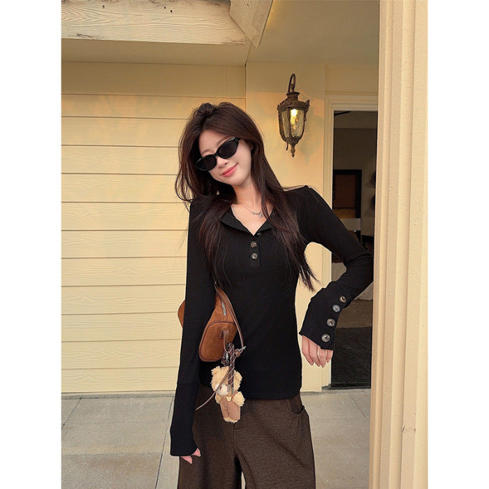 Damen Langarmshirt mit modischen Knopfdetails Drune