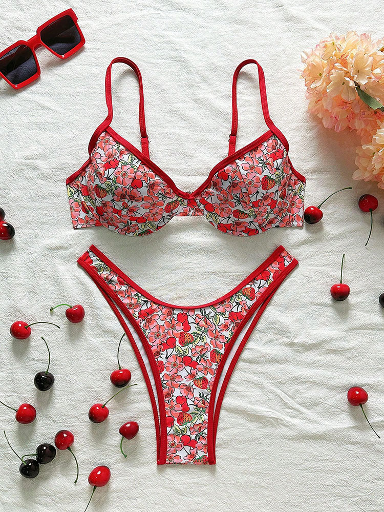 Damen Push-Up Bikini mit floralem Design und verstellbaren Trägern Drune