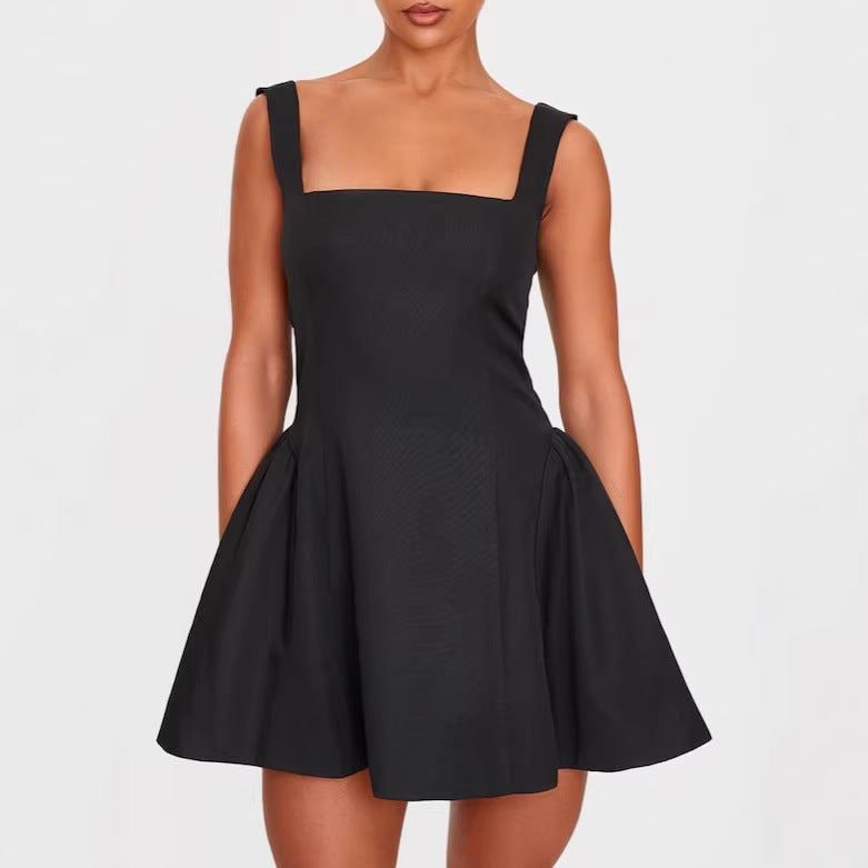 Damen A-Linien Kleid mit quadratischem Ausschnitt und angeschnittenen Taschen Drune