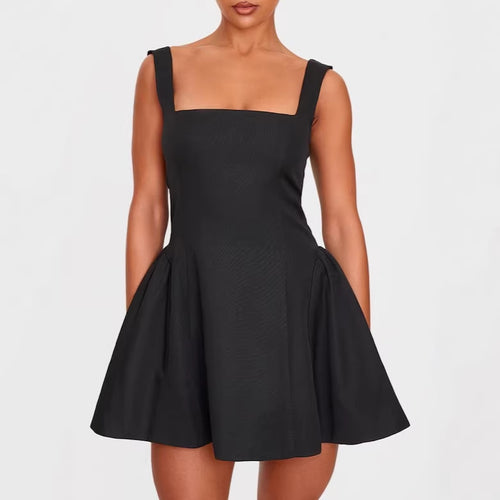Damen A-Linien Kleid mit quadratischem Ausschnitt und angeschnittenen Taschen Drune