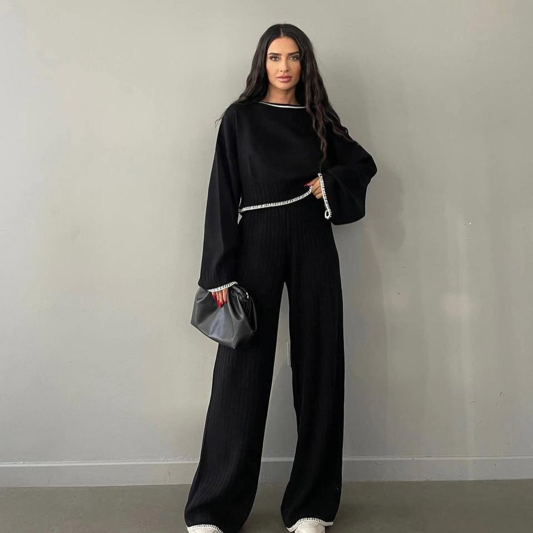 Damen Crop-Pullover und weite Hose Set mit moderne Rippstruktur Drune