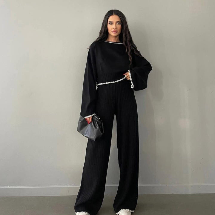 Damen Crop-Pullover und weite Hose Set mit moderne Rippstruktur Drune