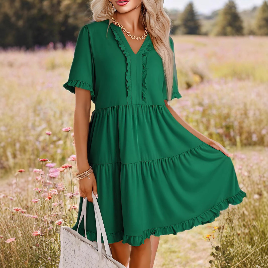 Damen lässiges Rüschenkleid mit V-Ausschnitt Drune