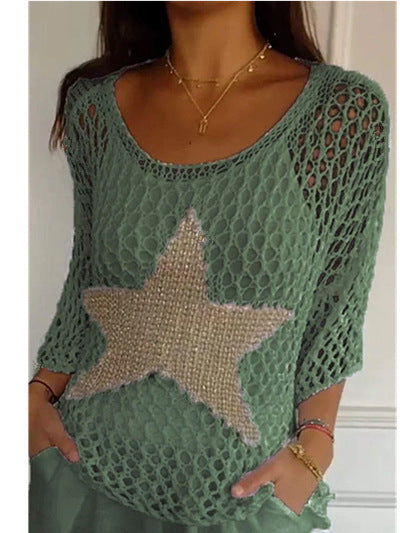 Damen nan oversized gehäkelter Pullover mit Sternapplikation und 3/4-Ärmeln Drune