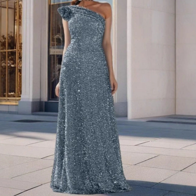 Damen Glamouröses Maxikleid mit schulterfreiem Design und funkelnden Pailletten Drune