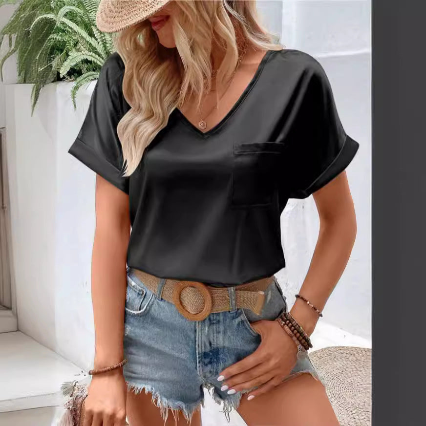 Damen Satin V-Ausschnitt T-Shirt mit Brusttasche und lässigem Schnitt Drune