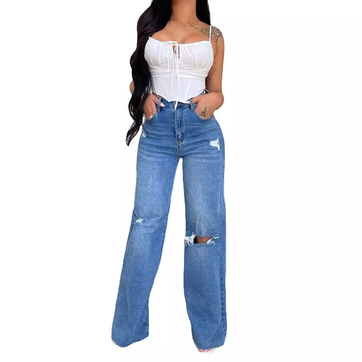 Damen weite High-Waist Jeans mit destroyed Effekten Drune
