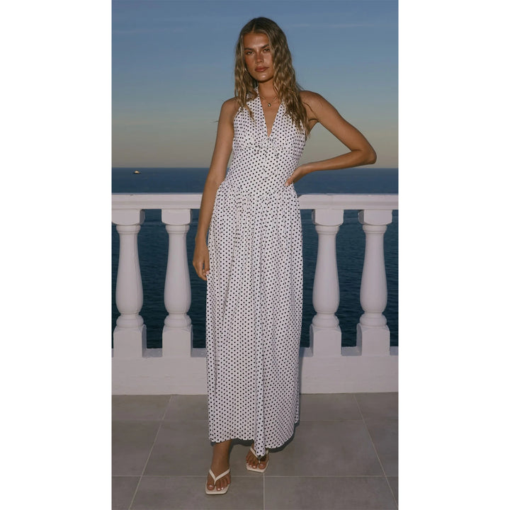 Damen Maxikleid mit tiefem V-Ausschnitt und verspieltem Polka-Dot-Muster Drune