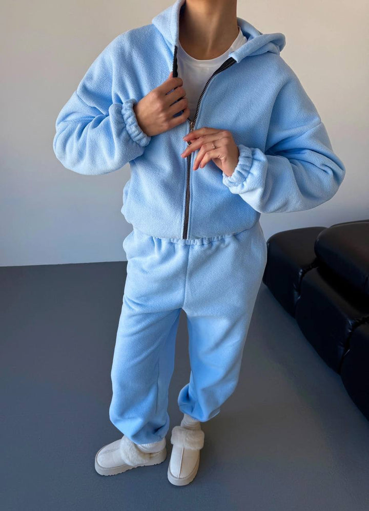 Damen stylisches Fleece-Loungewear-Set mit cropped Jacke und bequemen Jogginghosen Drune