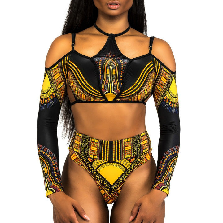 Damen Crop-Top Bikini mit langen Ärmeln und innovativem Muster Drune