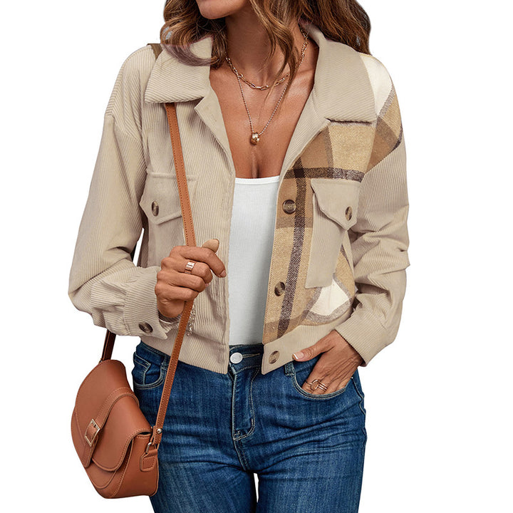 Damen lässige Kurzjacke mit Karomuster und aufgesetzten Taschen Drune
