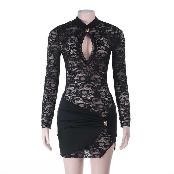Damen Spitzenkleid mit tiefem V-Ausschnitt und raffiniertem Wickel-Design Drune