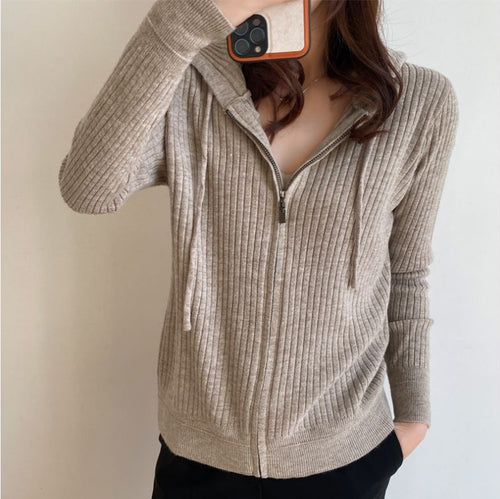 Damen Strickjacke mit Kapuze und feiner Rippstruktur Drune