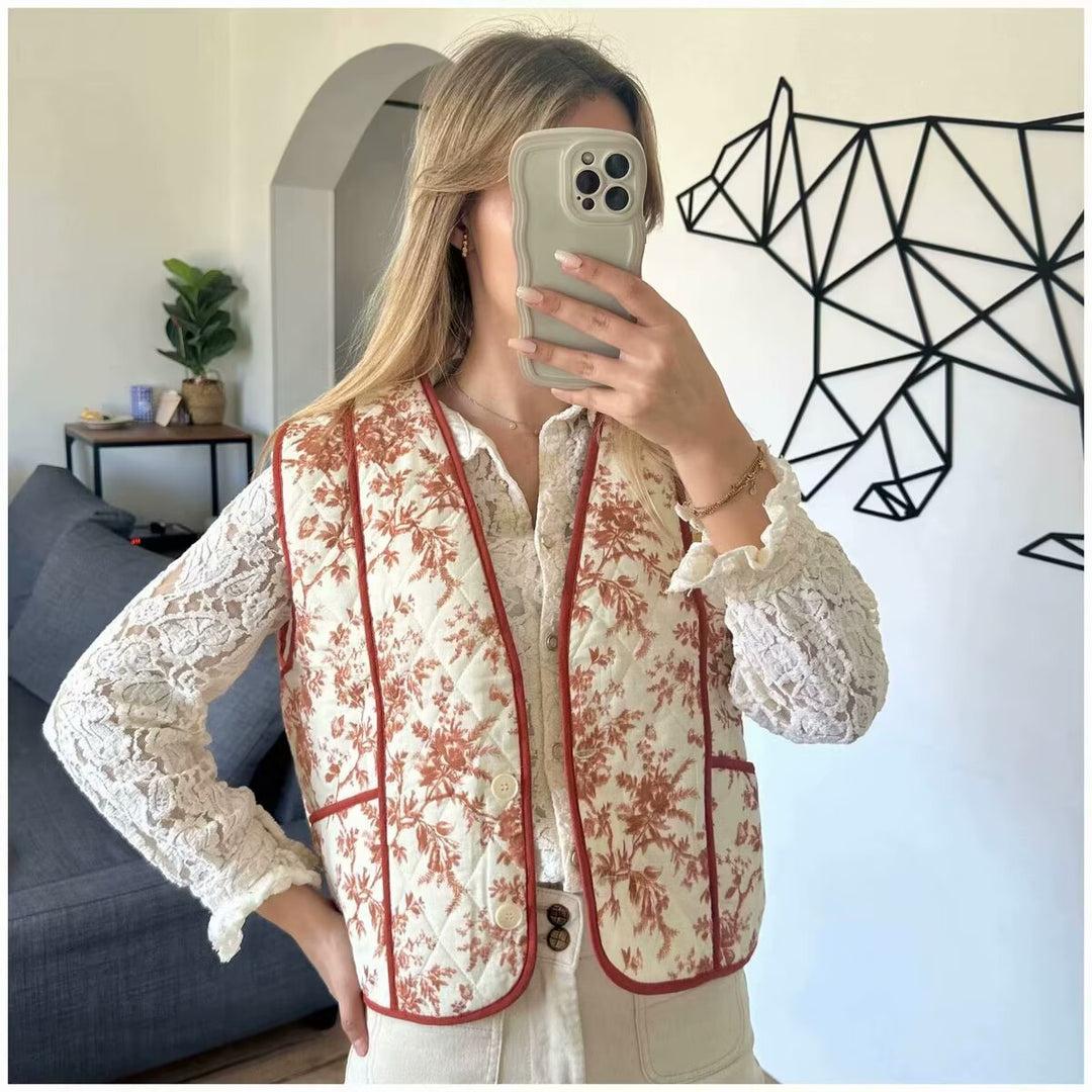 Damen gesteppte Weste mit floralem Muster und praktischen Taschen Drune