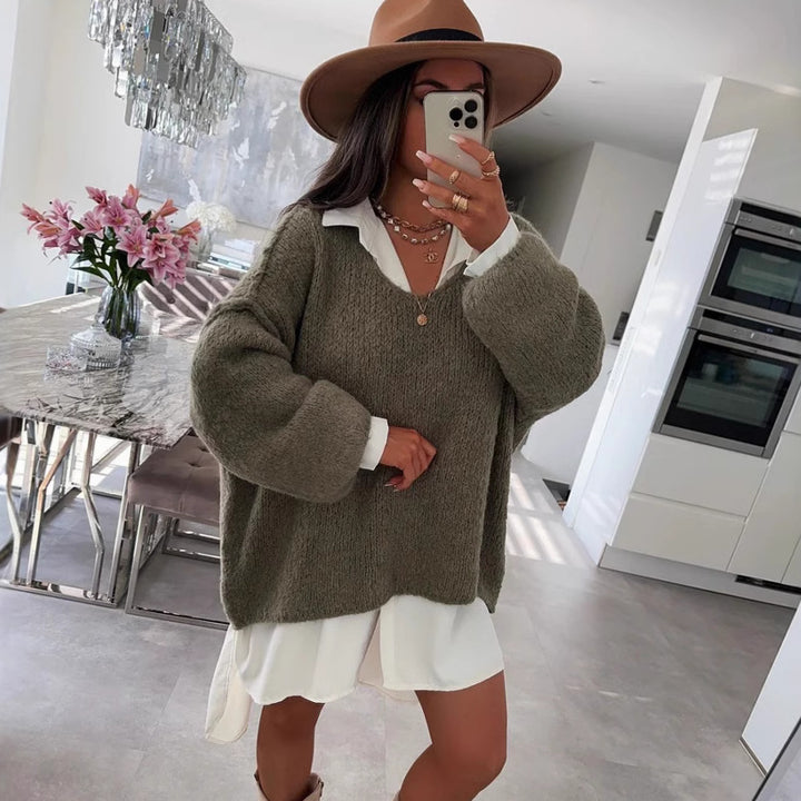 Damen lässiger Oversized Pullover mit voluminösen Ärmeln und weicher Textur Drune