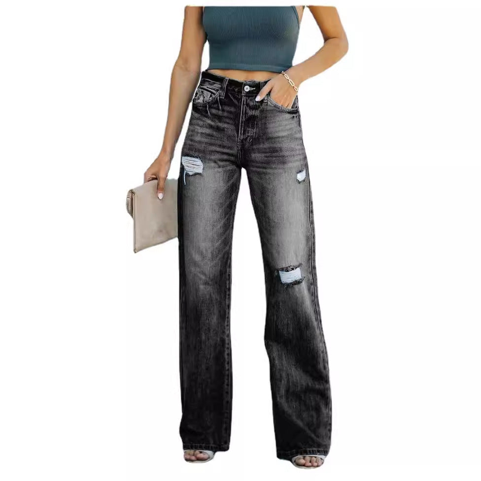 Damen Weit geschnittene Jeans mit Distressed-Effekten und hohem Bund Drune