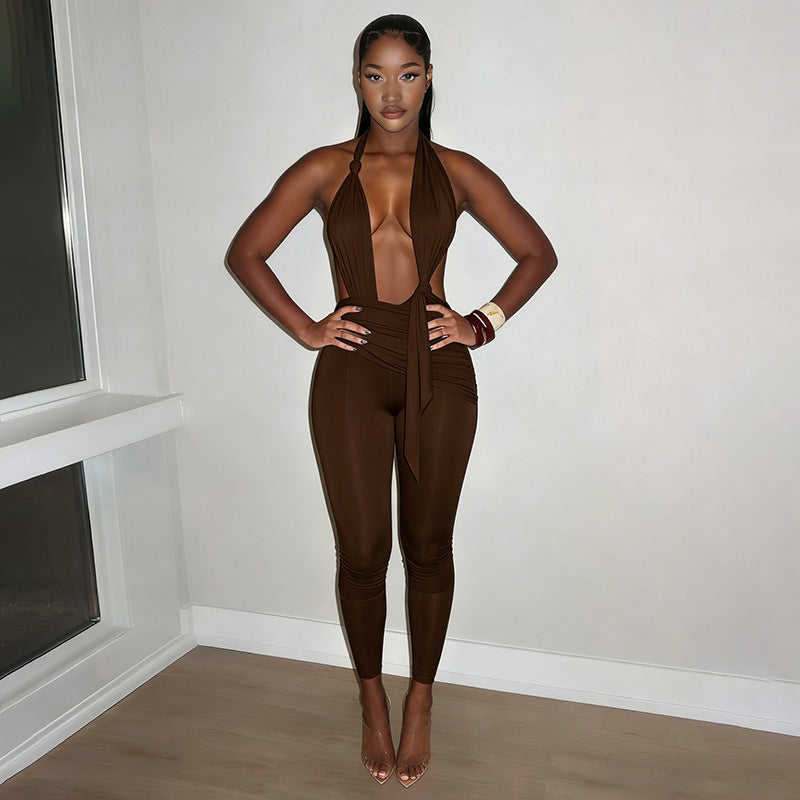 Damen Eleganter Jumpsuit mit tiefem V-Ausschnitt und figurformendem Design Drune