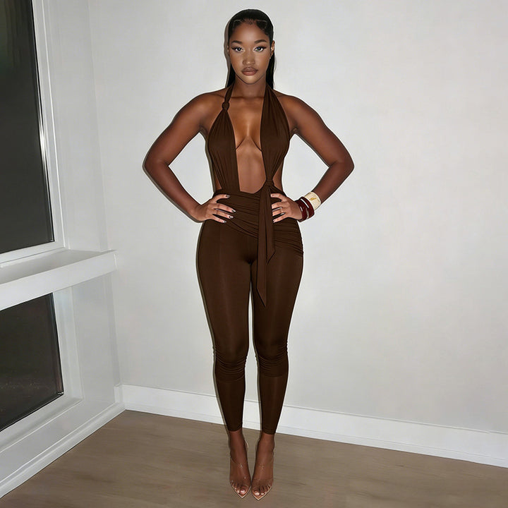Damen Eleganter Jumpsuit mit tiefem V-Ausschnitt und figurformendem Design Drune