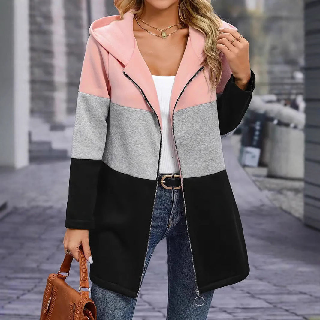 Damen modische Longjacke mit Kapuze und Farbblockdesign Drune