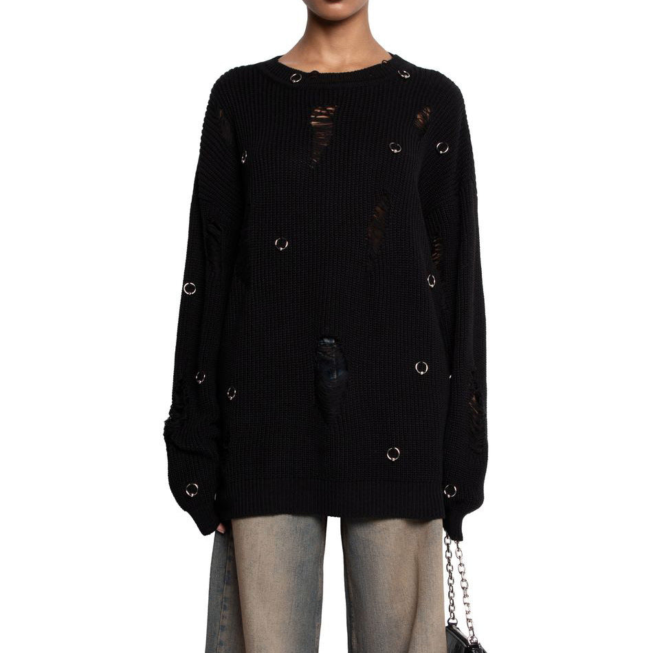 Damen lässiger Pullover mit modischen Rissdetails und Schmuck-Applikationen Drune