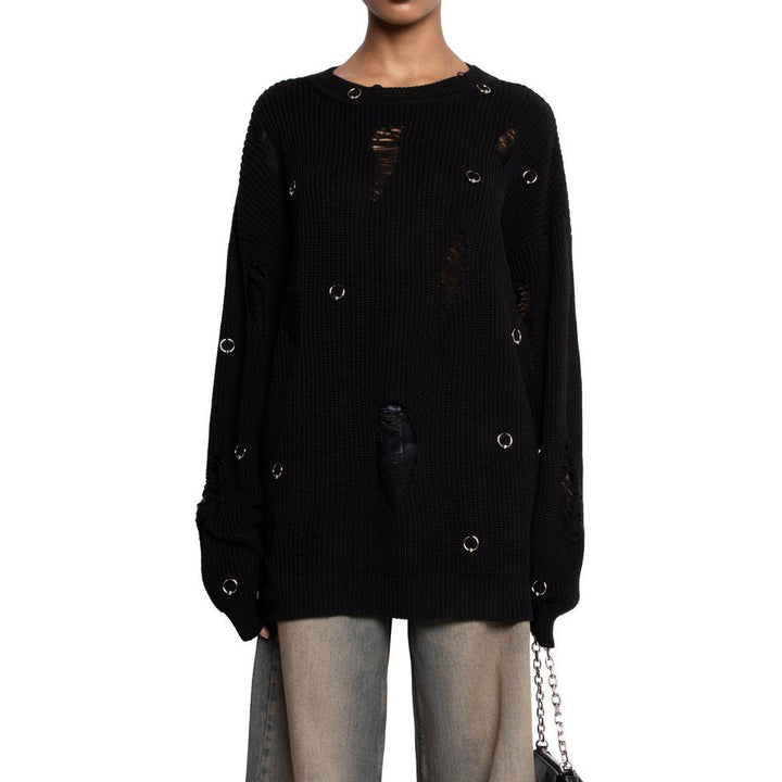 Damen lässiger Pullover mit modischen Rissdetails und Schmuck-Applikationen Drune