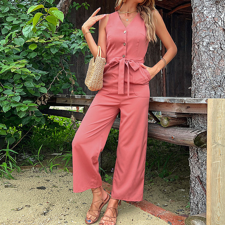 Damen bequemer Jumpsuit mit taillierbarem Gürtel und modischen Knopfdetails Drune